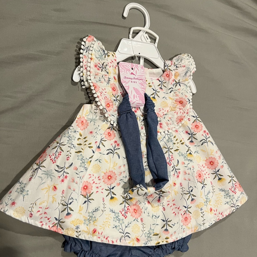 3 pc Floral Print Baby Dress with Blue Bloomers and headband